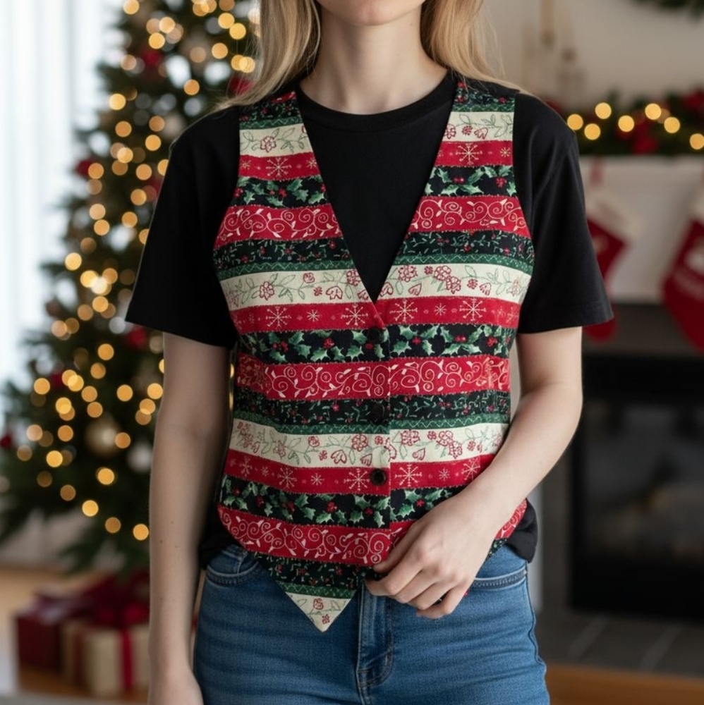 Vintage Nutcracker Festive Mistletoe And Holly Berries Striped Christmas Vest - Picture 2 of 9